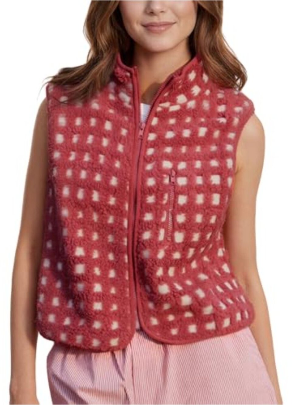 Women's Checkered Sherpa Vest Fleece Jacket Zip Up Plaid Gilet
